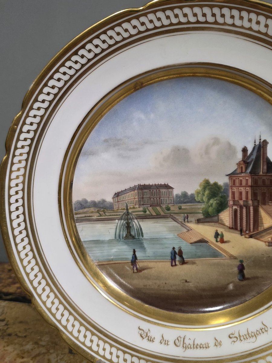 Piatto in porcellana di Parigi, epoca Restaurazione - Veduta del Castello di Stoccarda-photo-2