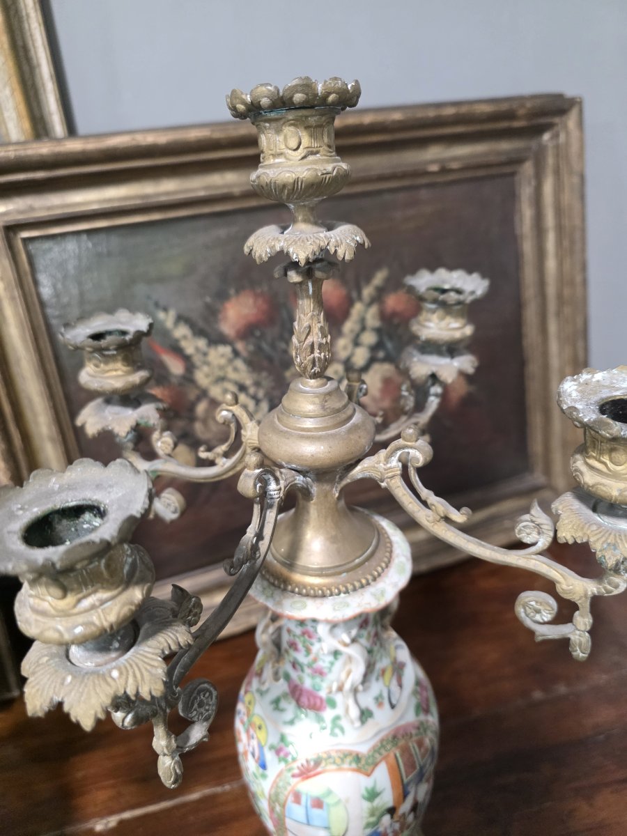 Coppia di Candelabri in Porcellana di Canton e Bronzo Dorato, XIX Secolo-photo-5
