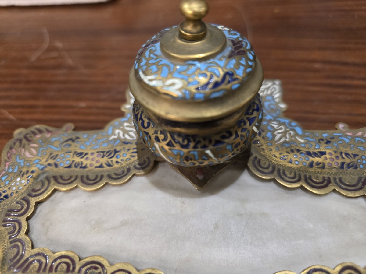 Raffinato Calamaio in Bronzo Dorato, Smalti Champlevé e Onice – Francia, Epoca Napoleone III-photo-2