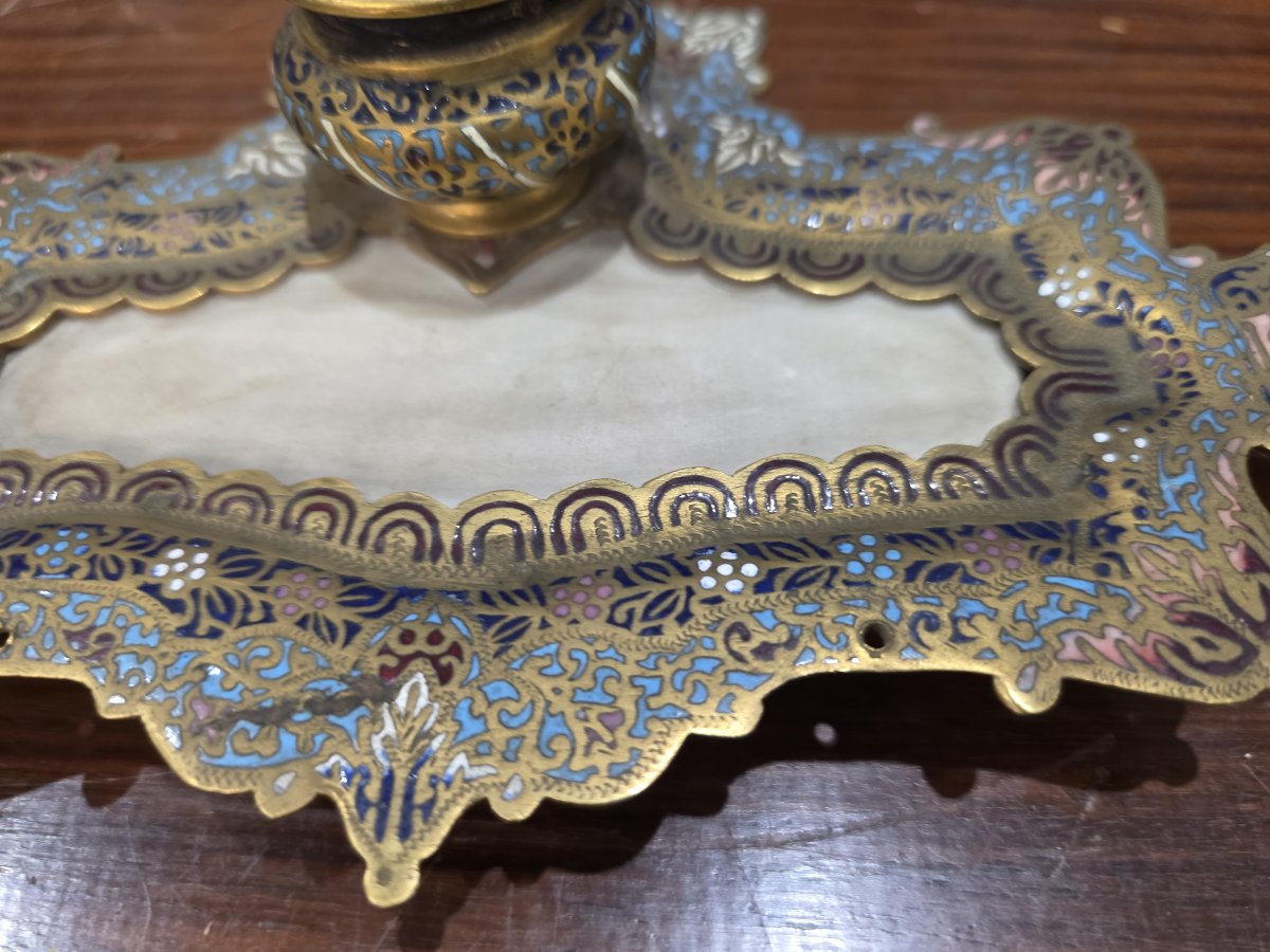 Raffinato Calamaio in Bronzo Dorato, Smalti Champlevé e Onice – Francia, Epoca Napoleone III-photo-4