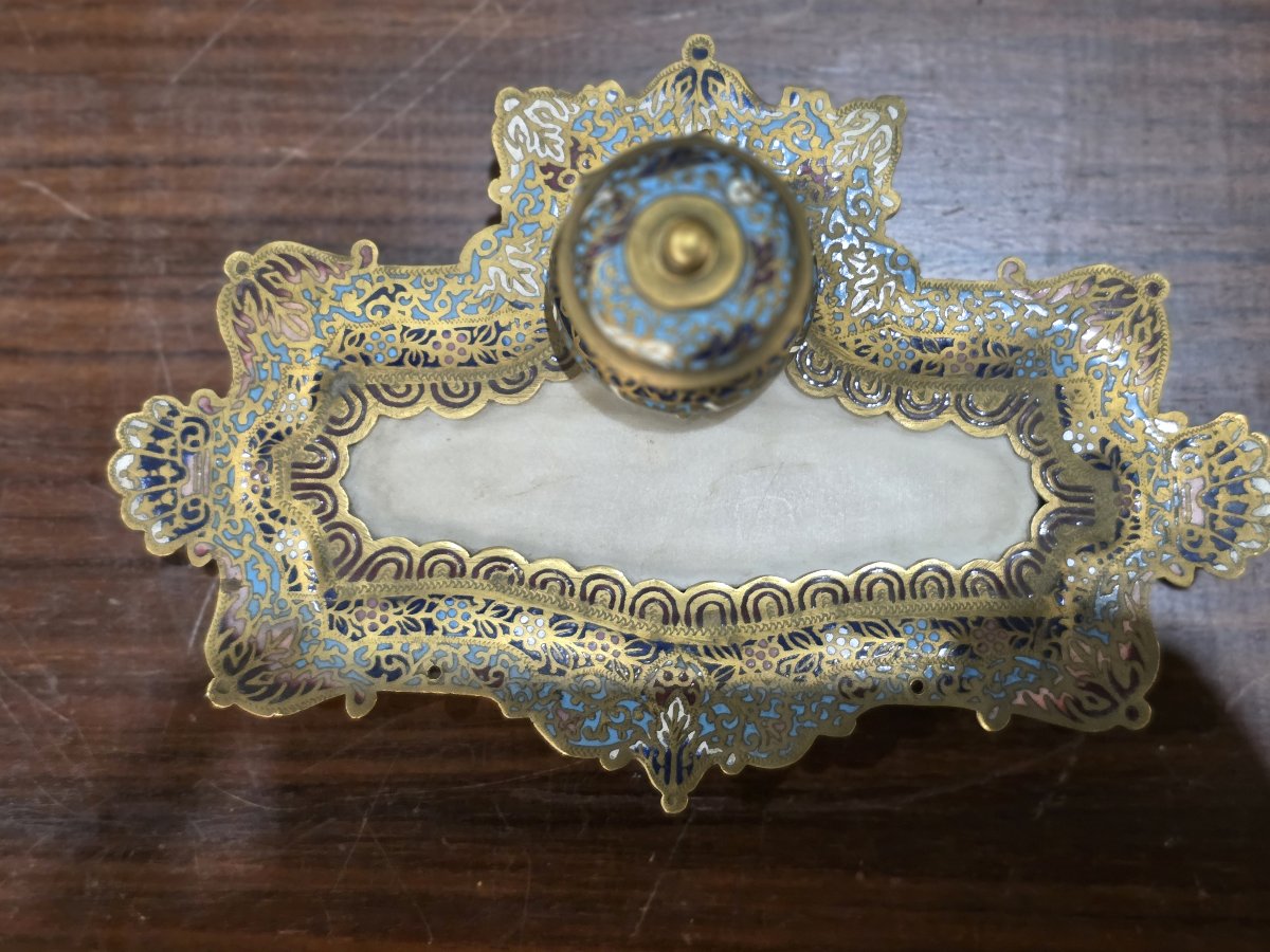 Raffinato Calamaio in Bronzo Dorato, Smalti Champlevé e Onice – Francia, Epoca Napoleone III-photo-3