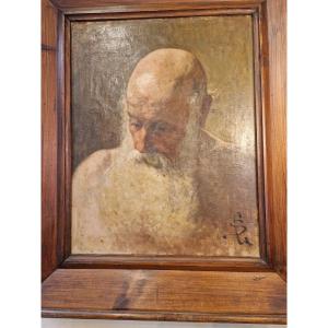 Dipinto olio su tela raffigurante filosofo con barba bianca. Siglato ma non identificato