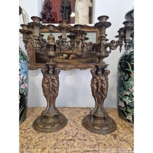 Coppia di straordinari candelabri in bronzo brunito dell'ottocento