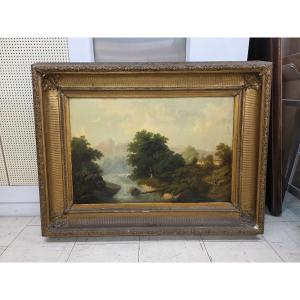 Olio su tela raffigurante paessaggio e pastore. Italia o Francia metà dell'ottocento