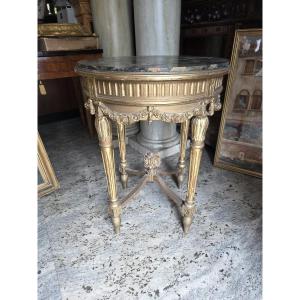 Tavolo tondo in legno dorato con piano in marmo. Epoca metà XIX secolo
