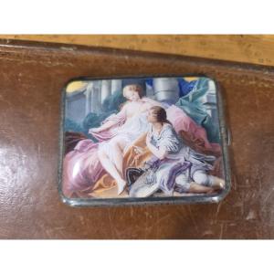   Portasigarette in argento con smalto raffigurante scena galante. Austria XIX.