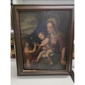 Olio su tavola "Madonna, Bambino e San Giovannino" Italia centrale del cinquecento
