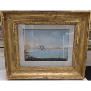 Veduta del Lago Fusaro con la  Casina Vanvitelliana, metà XIX secolo, Guazzo su carta