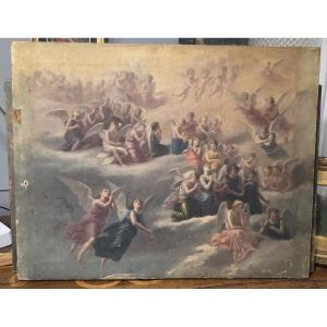 Bozzetto olio su tela per affresco "Angeli in adorazione" periodo primi ottocento.