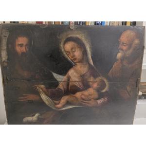 Olio su tavola tardo cinquecento "Sacra Famiglia" Italia centrale