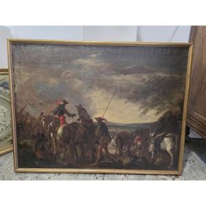 Olio su tela raffigurante scena dopo la Battaglia. Epoca XVII secolo