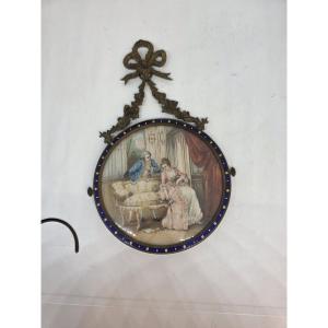 Miniatura circolare incorniciata, che ritrae una scena galante. Francia periodo Napoleone III