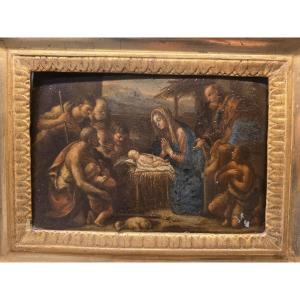 Olio su tavola "l'Adorazione dei Pastori" Italia XVII secolo