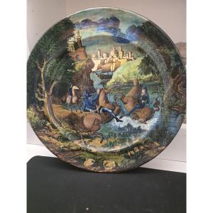 Piatto grande in maiolica istoriata firmato Mengaroni