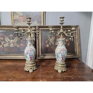 Coppia di Candelabri in Porcellana di Canton e Bronzo Dorato, XIX Secolo