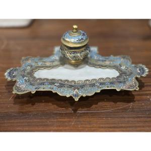 Raffinato Calamaio in Bronzo Dorato, Smalti Champlevé e Onice – Francia, Epoca Napoleone III