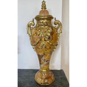 Large Pair Of Napoleon III Cassolettes In Yellow Marble And Gildes Bronze