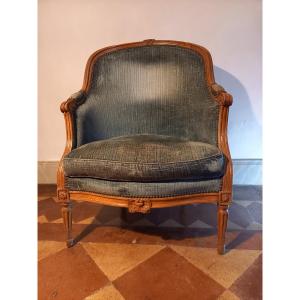 Gondola-shaped Bergère Chair From The Louis XV-louis XVI Transition Period, Stamped L.-h. Delion