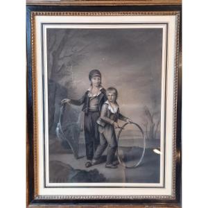 Large 18th Century Charcoal Drawing Showing Two Young Boys At Their Game.