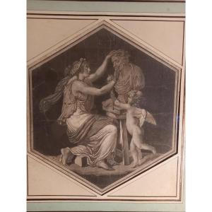 18th-century Engraving On Vellum Depicting The Genius Of Sculpture Or Voltaire Crowned