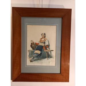 A Beautiful Watercolor Depicting An Italian Peasant Woman In Traditional Costume.