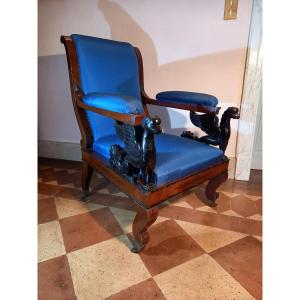 Comfortable Armchair In Mahogany And Blackened Wood With Griffin-shaped Armrests