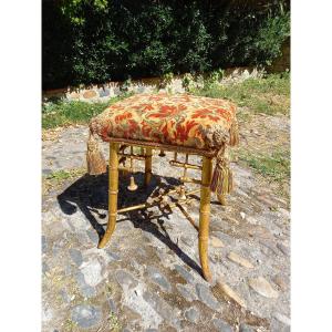 Delightful Little Napoleon III Chinoisant Stool With Bells In Gilded Wood Imitating Bamboo.