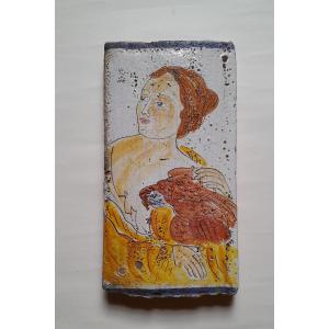 Castelli Ceiling Tile, 16th Century, Woman With Parrot