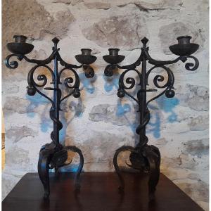 Pair Of Wrought Iron Candlesticks Decorated With Snakes
