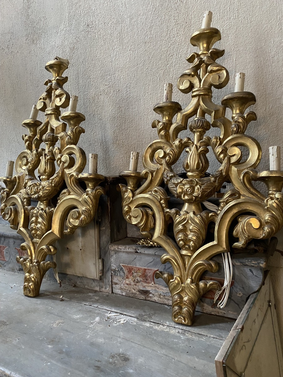 Coppia di punti luce in legno dorato inizio XIX secolo -photo-2