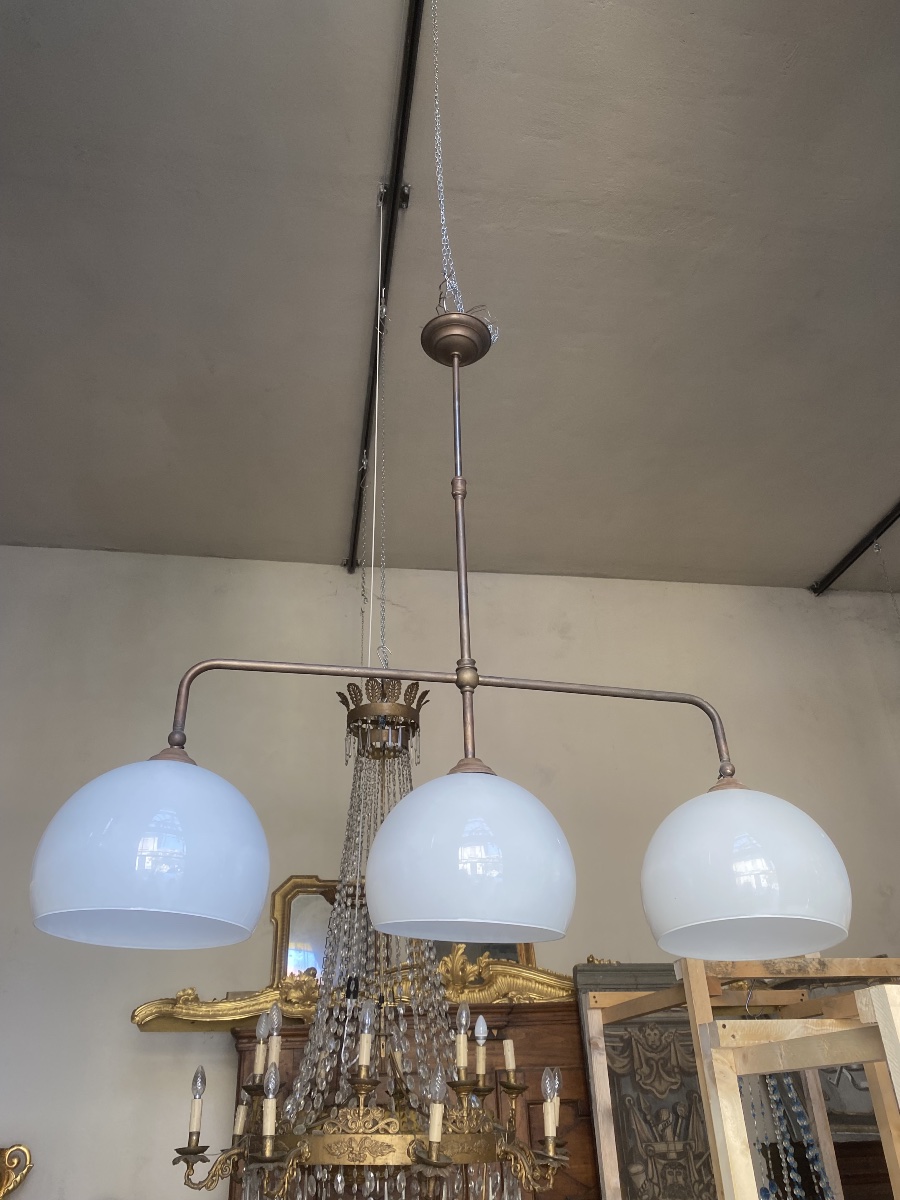 Lampadario in ottone e vetro opalino-photo-3