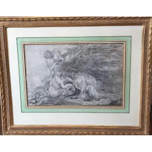 Bacchanal With Nymphs And Satyrs, Charcoal Drawing, French School, 1778