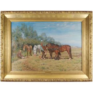 The Ploughed Horses Break, Signed Michael Therkildsen 