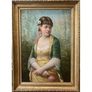 Portrait Of Young Woman With A Rose, 1888, Signed Grandin