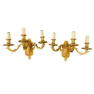 Pair Of Ormolu Louis XIV Style Sconces With Masks