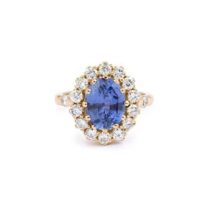 Certified 3.55 Carats Unheated Ceylon Saphire Diamonds 18 Carats Yellow Gold Pompadour Ring