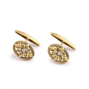 Antique Diamonds 18 Carats Yellow Gold Oak Leafs Cufflinks