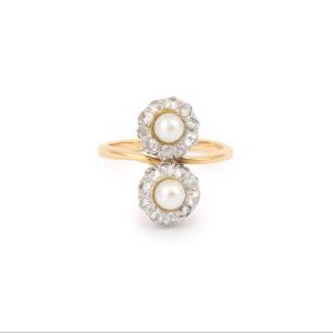Antique Pearls Diamond Platinum 18 Carats Yellow Gold Toi & Moi Ring