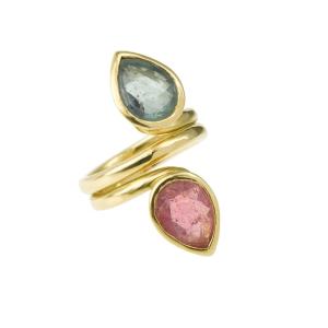Pear Shaped Pink And Green Tourmaline Toi Et Moi 18k Yellow Gold Ring