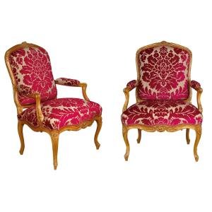 A Pair Of Louis XV Beechwood Armchairs, Stamped By I.gourdin, 18th Century.