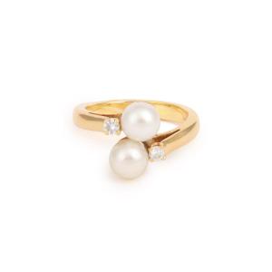Vintage Pearls Diamond 18 Carats Yellow Gold Toi & Moi Ring