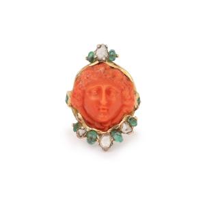 Antique Coral Cameo Emeralds Diamonds 18 Carats Yellow Gold Ring