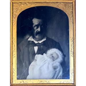 Ambrotype Post-mortem, Father And Infant Circa 1870 Vintage Photograph