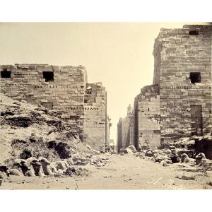 Antonio Beato, Karnak West Pylon With The Sphinx, Egypt C.1870. Signed Albumen Print