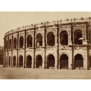 Edouard Baldus), Nîmes Amphitheater, Signed, Circa 1860. Vintage Albumen Print.