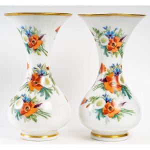 Pair Of Baccarat Opaline Vases, Colorful Flower Decor