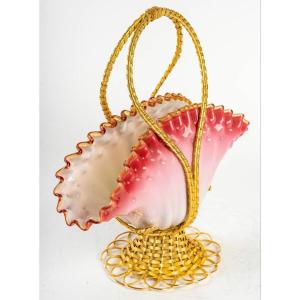 Pink And White Opaline Basket With Gilt Bronze Ornamentation