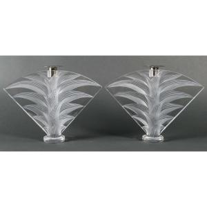 Pair Of Lalique Crystal Candlesticks, Signed Lalique France, 20th Century.