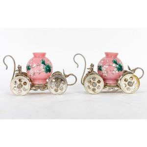 Pair Of Enamelled Opaline Carriages, 19th Century
