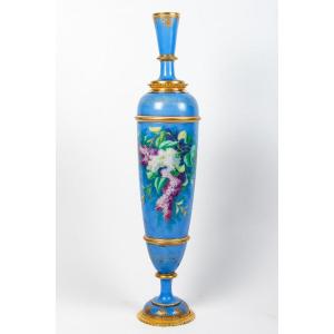 Blue Baccarat Opaline Vase, Decorated With Flower Designs